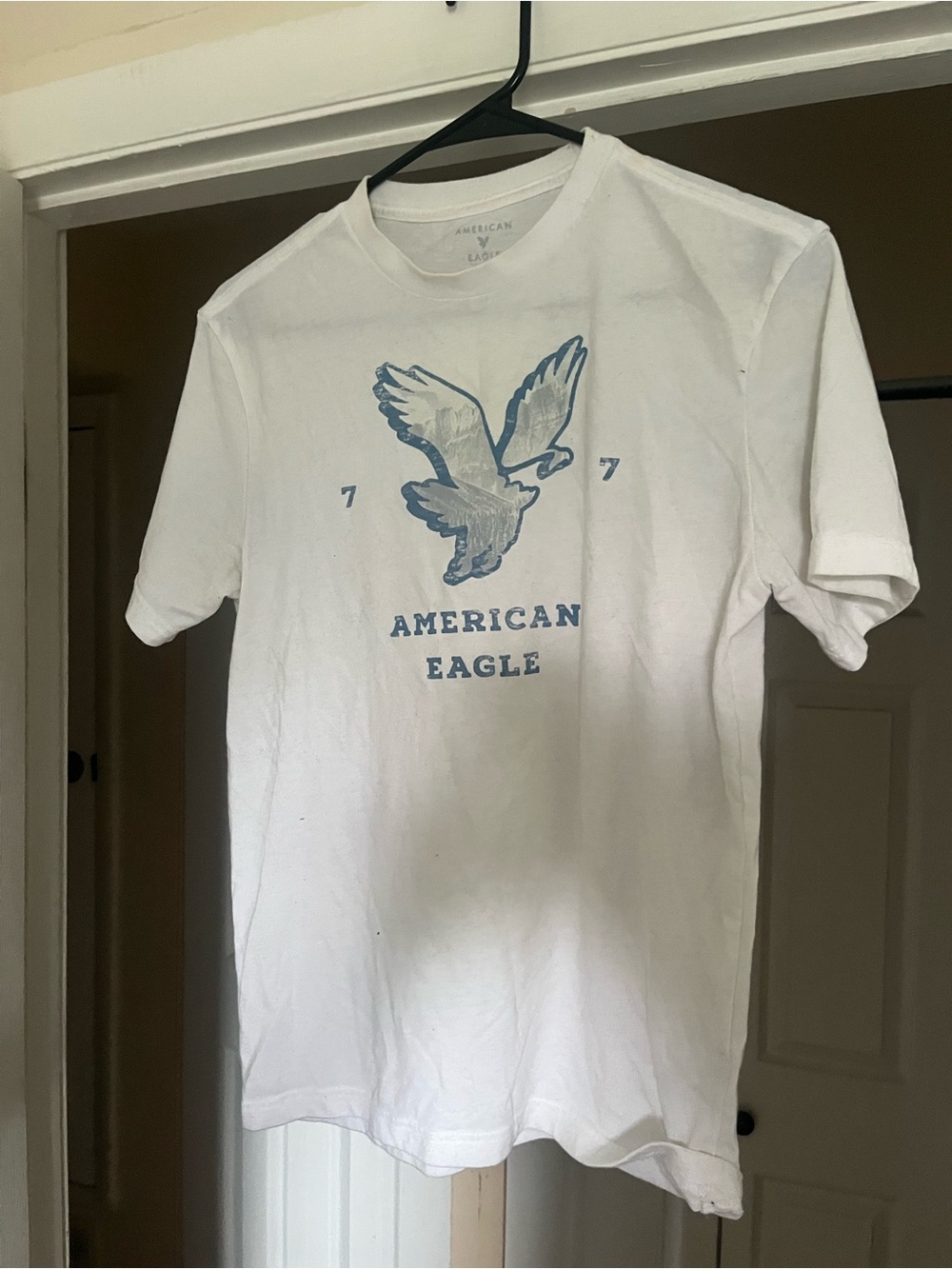 American Eagle Outfitters White Tee with Blue Eagle Graphic
